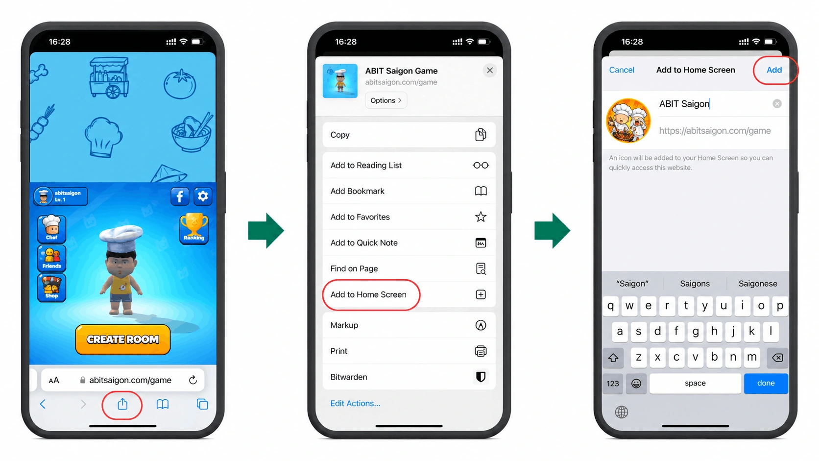 Three iPhone screenshots: the Share button in Safari, the “Add to Home Screen” row in the share sheet, and the “Add” button on the confirm screen.